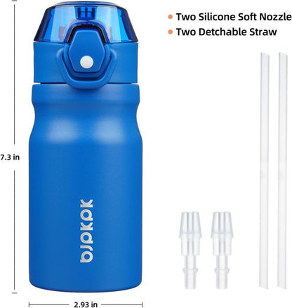 BJPKPK Insulated Water Bottle - 14oz Stainless Steel Thermal Flask with Straw & Carry Handle | Blue