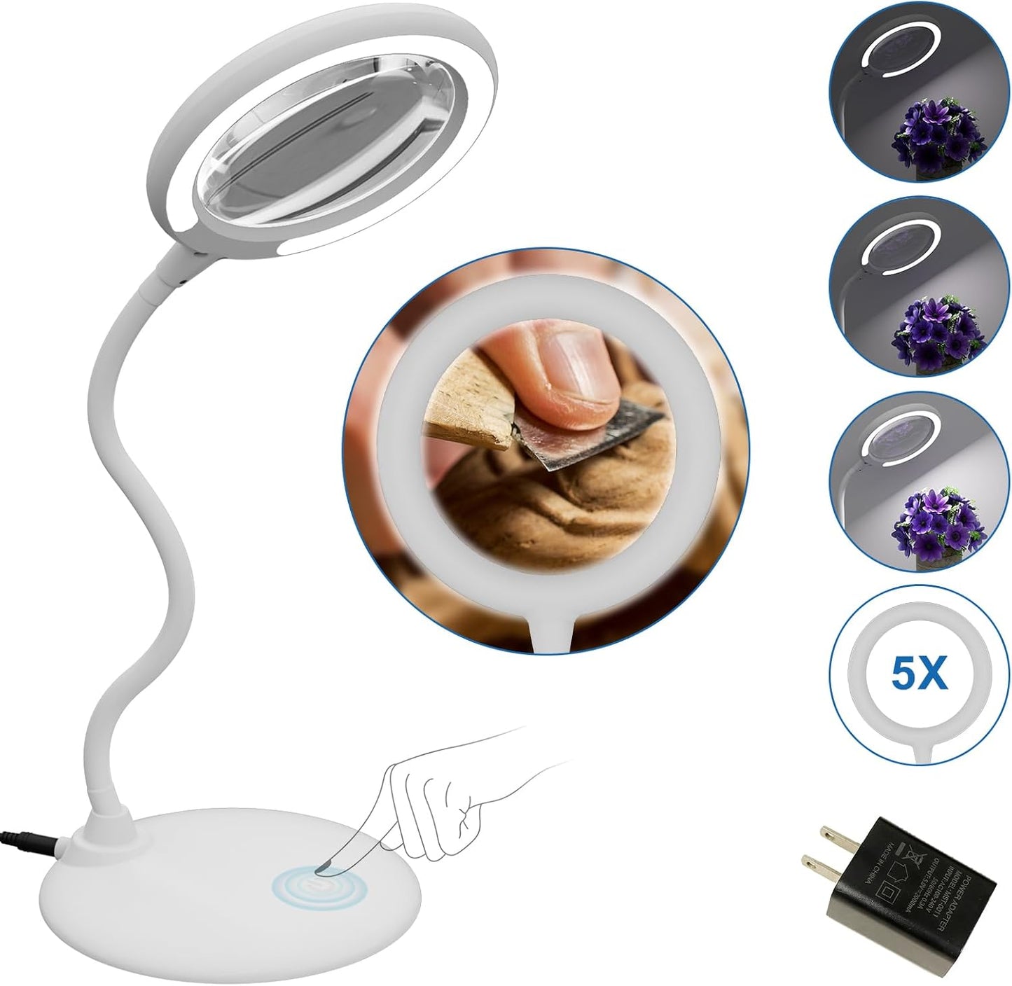 Skiennix Magnifying Glass - 5X LED Lighted Desk Lamp with Stand for Seniors & Hobbies