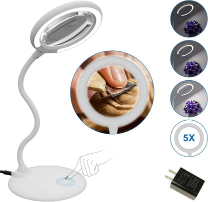 Skiennix Magnifying Glass - 5X LED Lighted Desk Lamp with Stand for Seniors & Hobbies