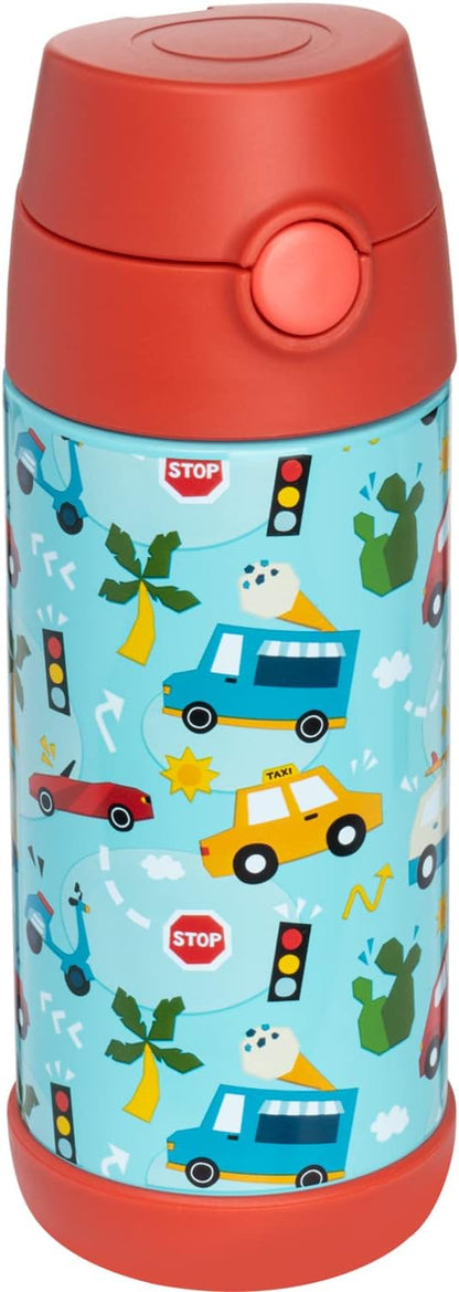 Snug Kids Water Bottle - Insulated Double-Wall Stainless Steel, Leakproof Straw & Spout - 12oz Cars