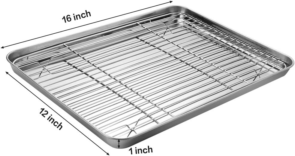 Stainless Steel Baking Sheet Set - Cookie Pan with Cooling Rack & Silicone Mats | 16 x 12 Inch, Easy Clean