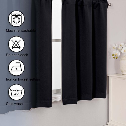 Chyhomenyc Short Black Out Curtains 36 Inch Length, Small Blackout Curtain Tier Thermal Insulated Half Window Curtains for Kitchen Basement Cabinet Camper RV Bunk, 2 PCS, Each 30" Wx36 L, Black