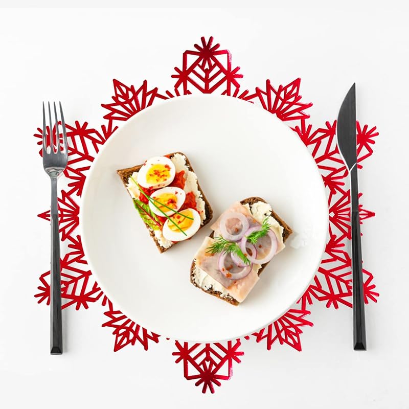 Snowflake Placemats Set of 6 Red Round Vinyl Table Mats - 15x15 inch (Variation: Red+6PCS)