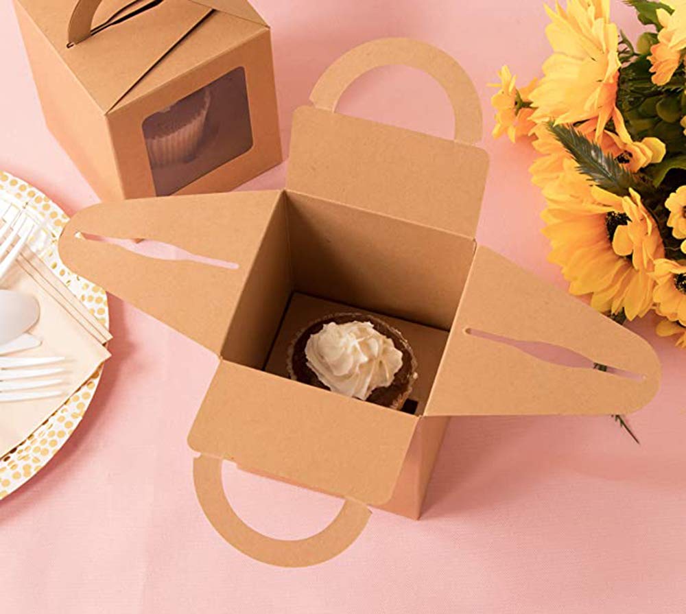 30 Pcs Cupcake Boxes Individual Kraft Paper Single Cupcakes Containers with Window Insert and Handle for Wedding Birthday Party Favor Packaging