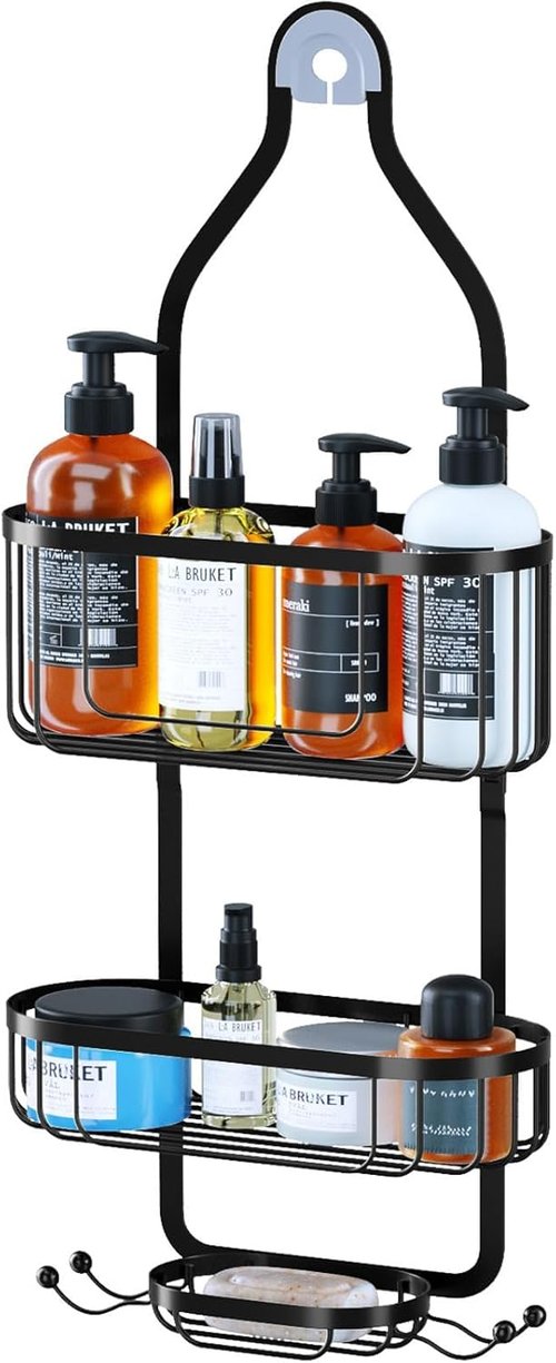 Kadolina Shower Caddy - Over-The-Showerhead Bathroom Organizer with Soap Dish & Hooks | Black