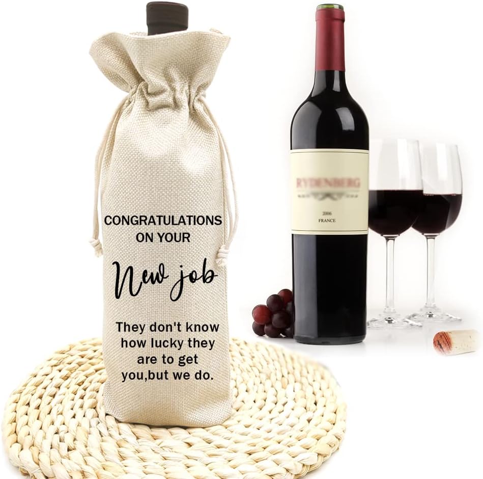 Socive New Job Wine Gifts Bag, New Job Gifts, Leaving Gift, New Job Gifrs for Colleague, Coworker, Boss, Friends, Burlap Drawstring Wine Bag - Congratulations New Job