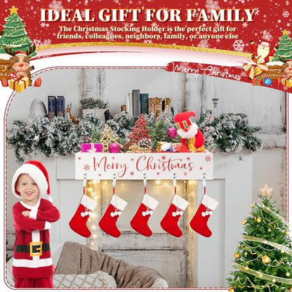 Christmas Stocking Holders with Wooden Box & 5 Hooks - Snowflake White