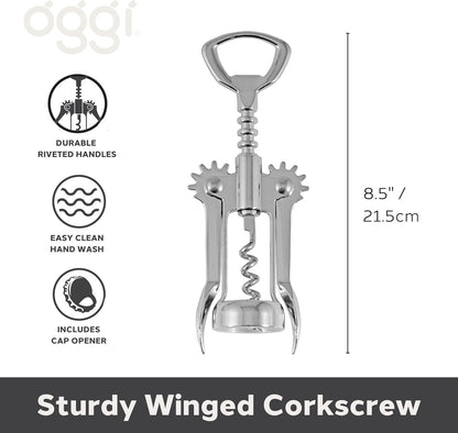 OGGI Wine Opener, Wing Corkscrew, Metal Manual Wine Bottle Opener, Multifunctional Cork Screw for Home & Waiters with Beer Bottle Opener, Durable Design