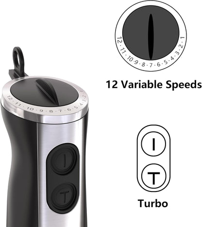 Skiennix Immersion Blender - 1000W Electric Stick Mixer with 12 Adjustable Speeds & Measuring Cup