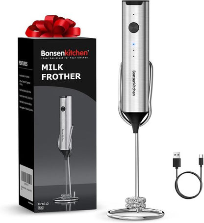 Bonsenkitchen Rechargeable Milk Frother - 3-Speed Handheld Electric Whisk for Lattes & Cappuccinos