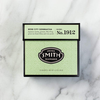 Smith Teamaker | Rose City Genmaicha No. 1912 - Sencha, Genmai, Mao Feng Green Tea & Rose Petals | Caffeinated Roasted Rice Full Leaf Green Tea Blend (15 Sachets, 1.26oz each)