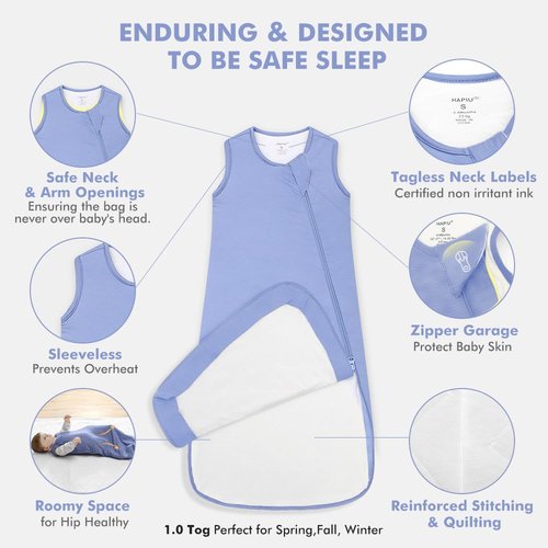 HAPIU Unisex Rayon Made from Bamboo Baby Sleep Sack TOG 1.0, 2-Way Premium Zipper, Wearable Blanket Baby,6-18 Months,Blue
