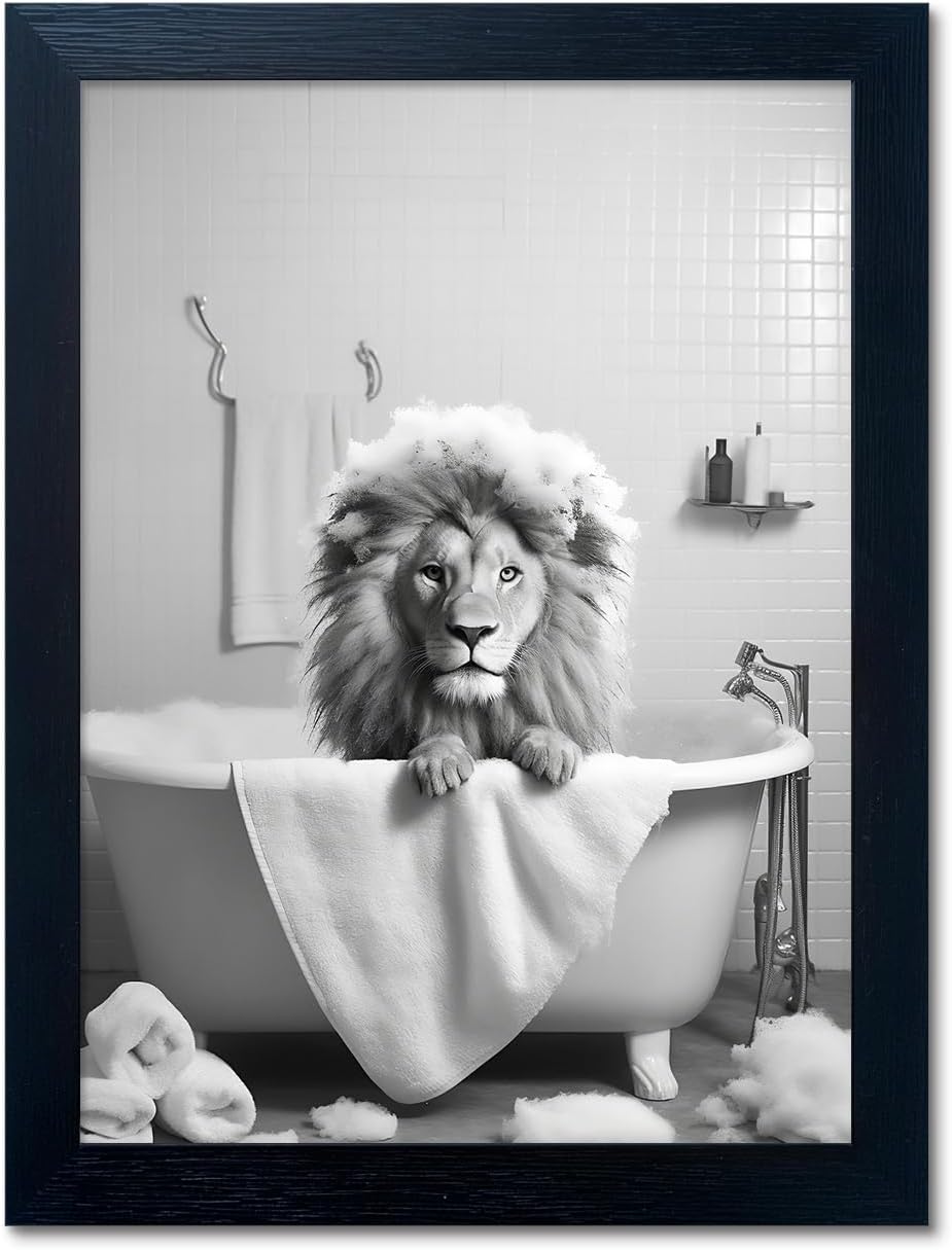 Regine Switzerland Black and White Lion Canvas Wall Art - Funny Animal Print for Bathroom Decor