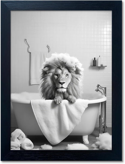 Regine Switzerland Black and White Lion Canvas Wall Art - Funny Animal Print for Bathroom Decor