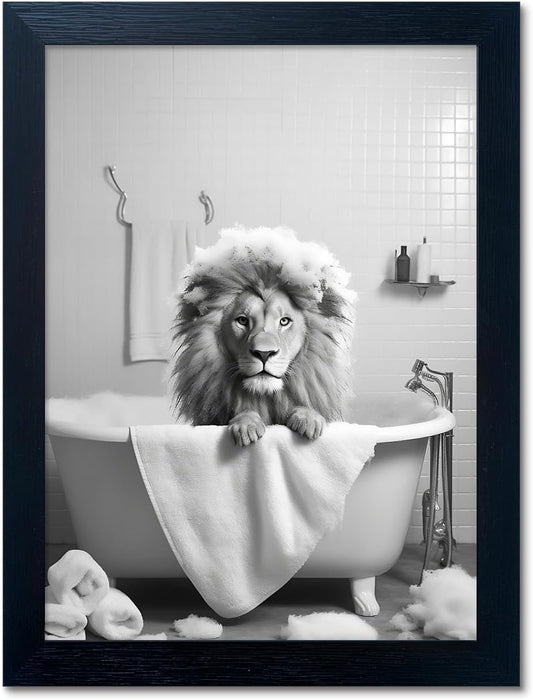 Regine Switzerland Black and White Lion Canvas Wall Art - Funny Animal Print for Bathroom Decor