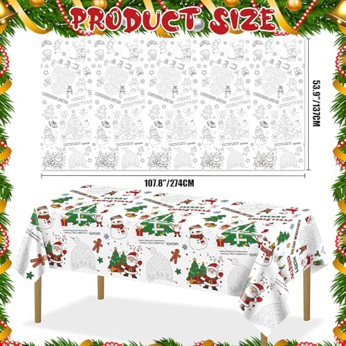 2 Pack Christmas Coloring Tablecloths - Kids Holiday Party Supplies - Santa Snowman Design, 54 x 108 inches - Variation 2