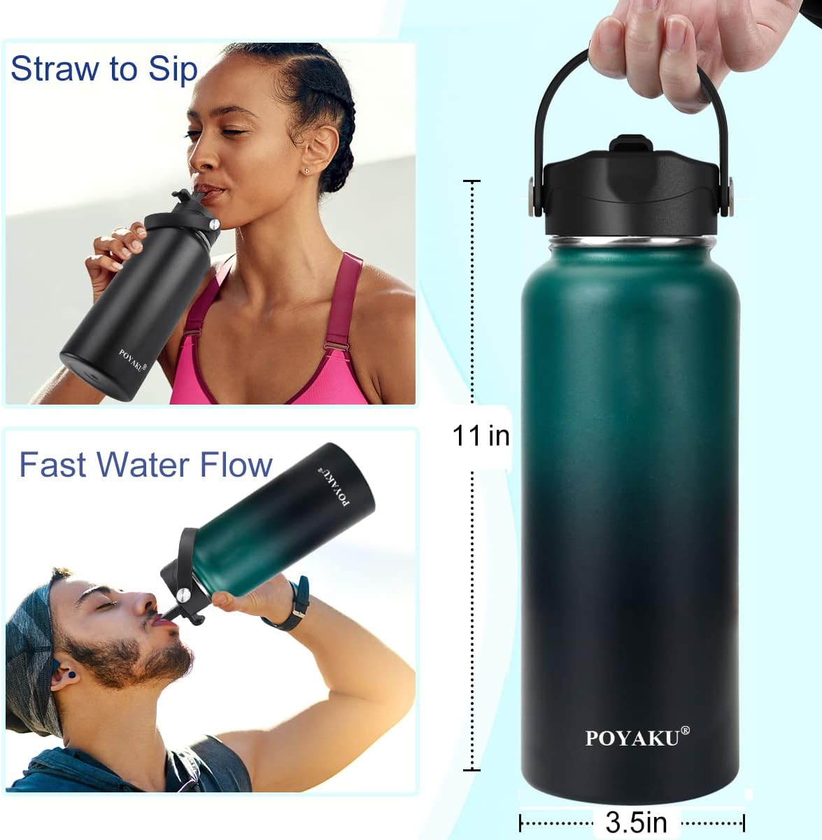 Skiennix Insulated Water Bottle - Leak Proof Stainless Steel with Straw & Spout Lids | 32oz to 128oz Sizes