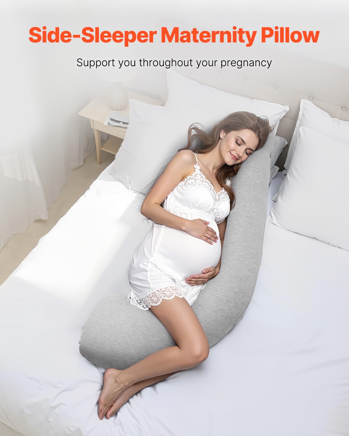 VEVOR L-Shaped Pregnancy Pillow - Soft & Breathable Maternity Body Support | Washable Jersey Cover, Light Gray
