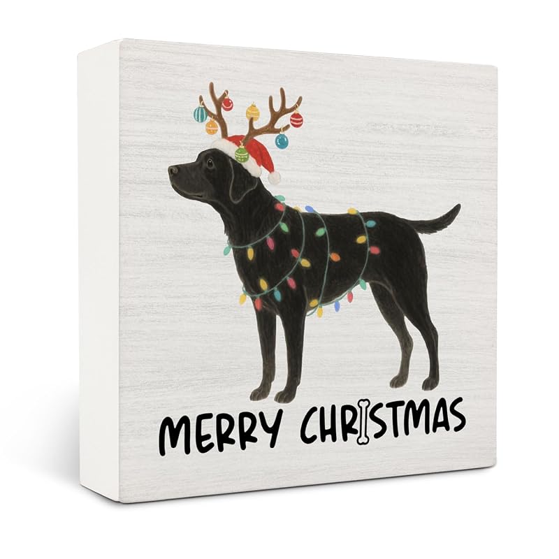 Black Labrador Merry Christmas Wooden Box Sign - 5x5 Inch Desk & Wall Decor (Variation: Black Labrador)