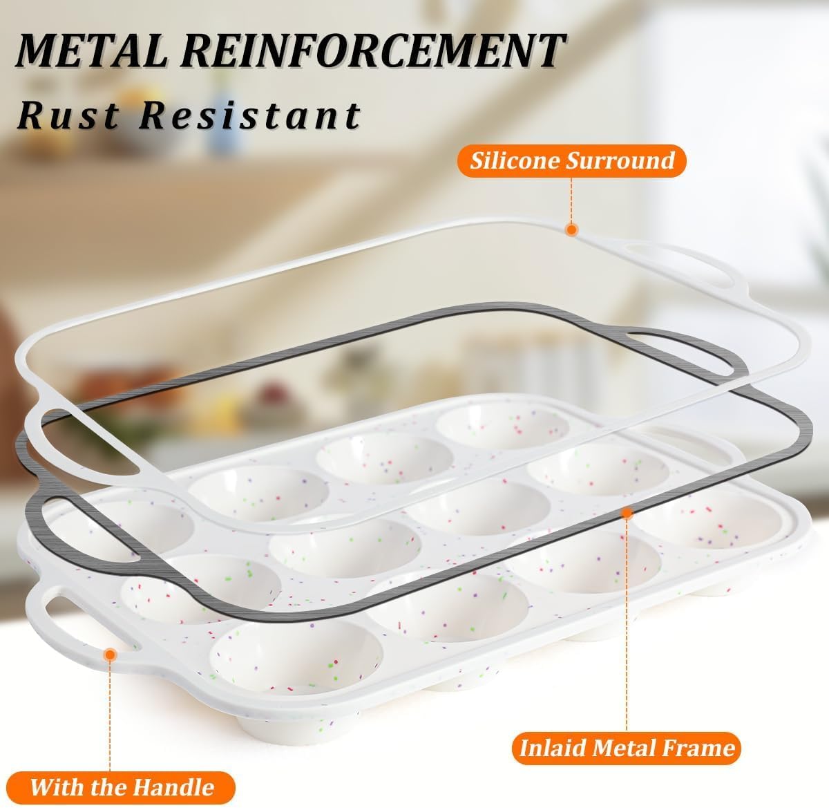 Skiennix Silicone Muffin Pan - Nonstick Cupcake Tray with Metal Reinforced Frame | BPA-Free Regular Size