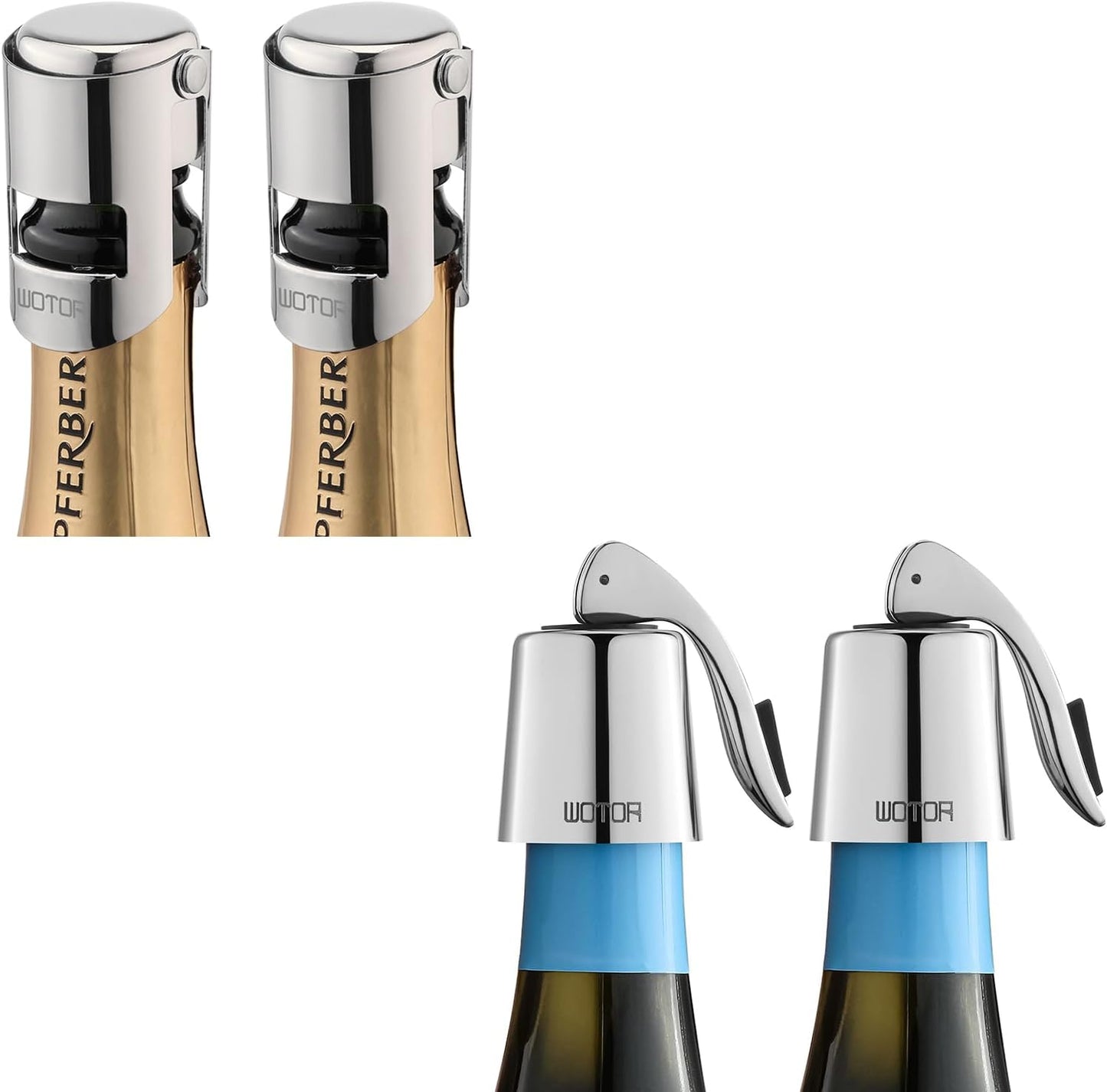 WOTOR Champagne Stoppers with Stainless Steel + Wine Stoppers Stainless Steel 2 Pack (Silver)