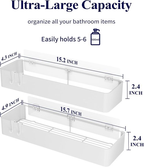 Kitsure Shower Caddy - Rustproof Adhesive Organizer for Bathroom Storage | 2 Pack, White, XX-Large