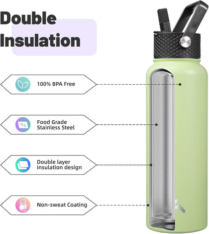 Skiennix 40oz Insulated Stainless Steel Water Bottle - Durable Sport Bottle with 3 Lids | Macaron Green