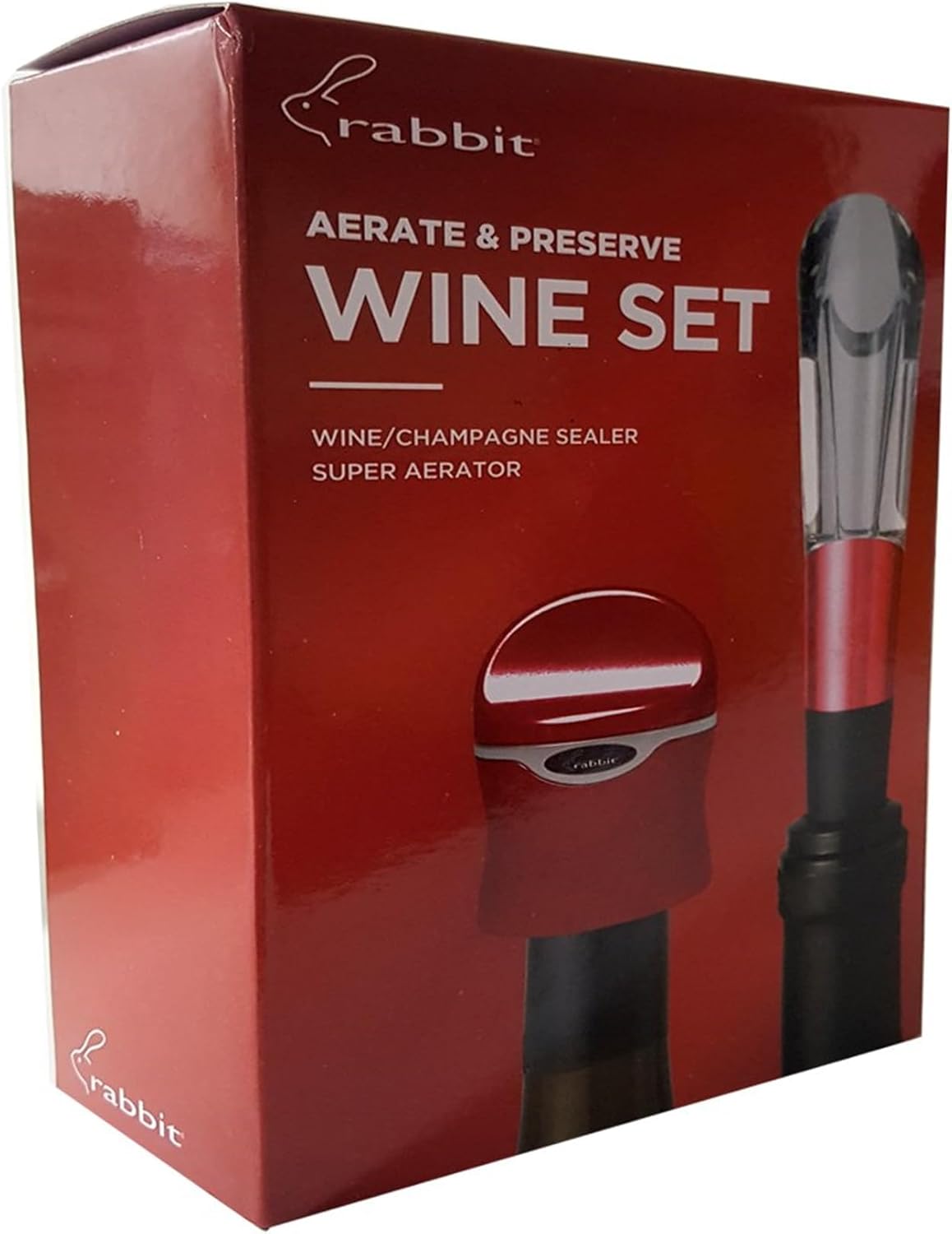 Rabbit Aerate and Preserve Wine Set, Wine/Champagne Sealer and Super Aerator (Red), Standard