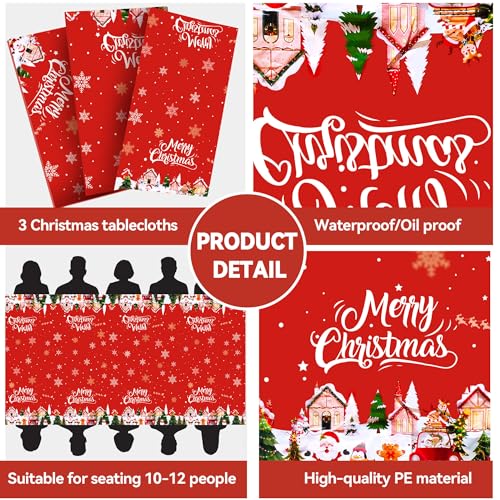 Christmas Tablecloths 3 Pack - Red Festive Plastic Covers with Santa & Snowflakes