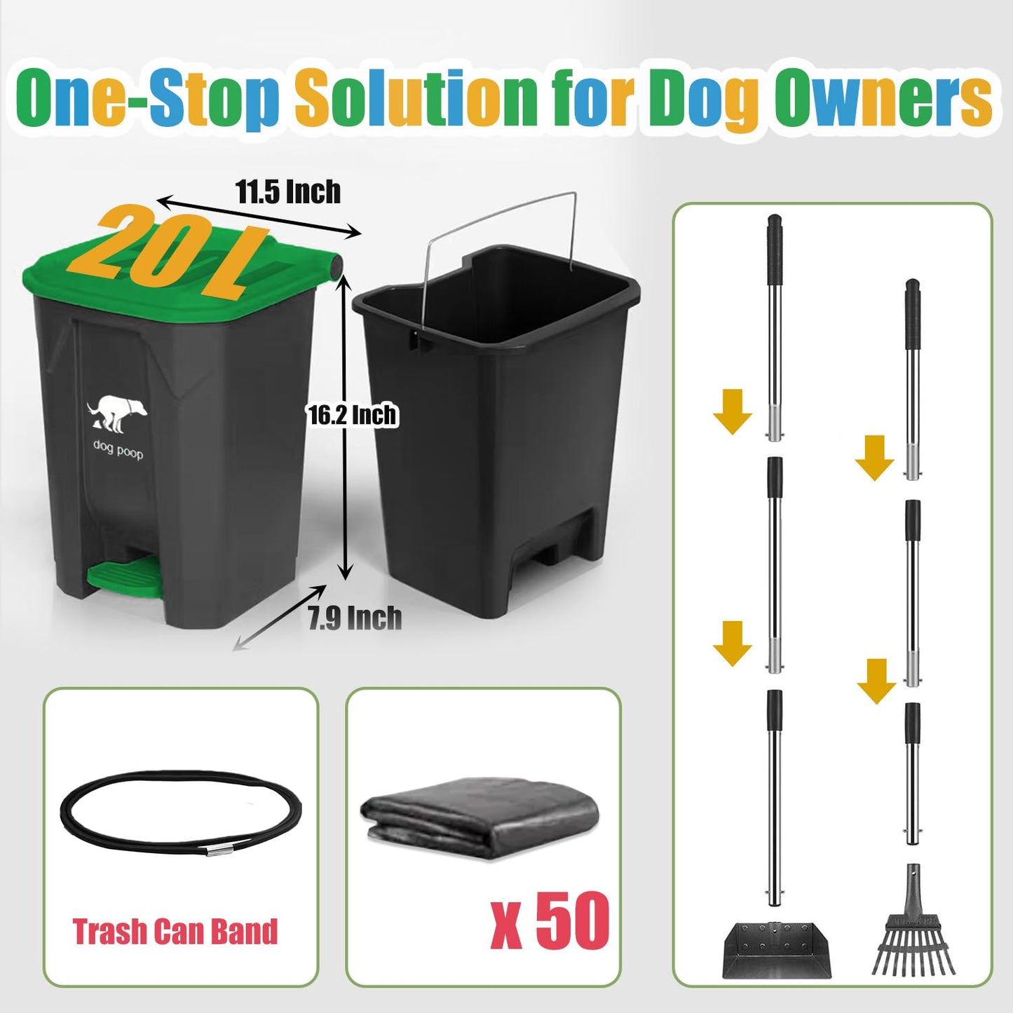 Yatmung Dog Poop Trash Can Outside - One-Stop Solution Pooper Scooper Set - 20L Dog Waste Trash Can Outdoor with Lid - Backyard, Yard - with Removable Inner Bin, Long Handle Metal Tray and Rake, Bags