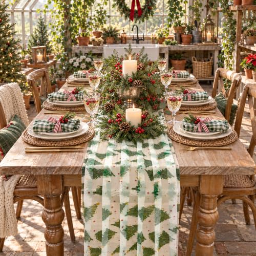 Green Christmas Tree Tulle Table Runner 120 Inch - Holiday Table Decor