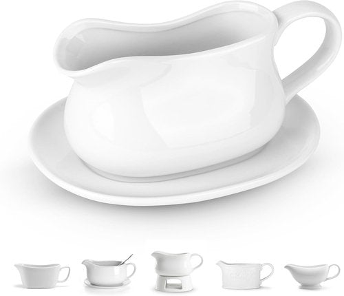 Kook Gravy Boat - 17 Oz Ceramic Serving Dish with Tray | Microwave & Dishwasher Safe, White