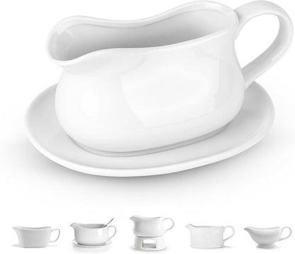 Kook Gravy Boat - 17 Oz Ceramic Serving Dish with Tray | Microwave & Dishwasher Safe, White