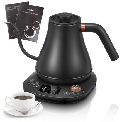 Electric Gooseneck Kettle Temperature Control, Pour Over Electric Kettle for Coffee and Tea, 100% Stainless Steel Inner, 1200W Rapid Heating, 0.8L, Built-in Stopwatch, Matte Black