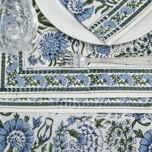 Smalt Blue 72-Inch Round Hand Block Printed Cotton Tablecloth - Floral Home Decor