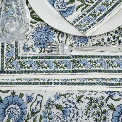 Smalt Blue 72-Inch Round Hand Block Printed Cotton Tablecloth - Floral Home Decor