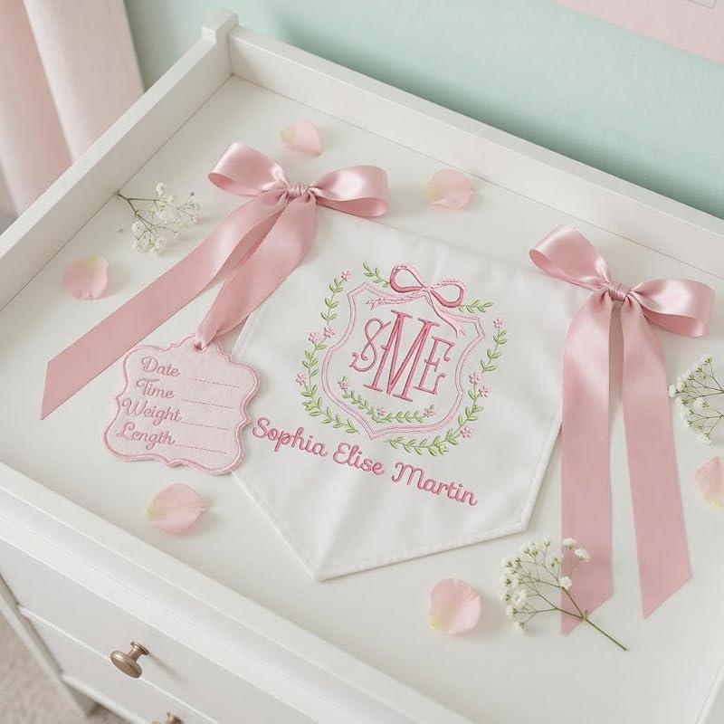 Personalized Baby Banner with Name - Embroidery on Cotton Canvas, 12x11 in AM-AOFB-06