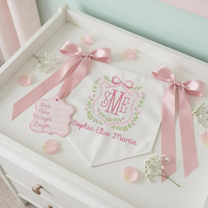 Personalized Baby Banner with Name - Embroidery on Cotton Canvas, 12x11 in AM-AOFB-06