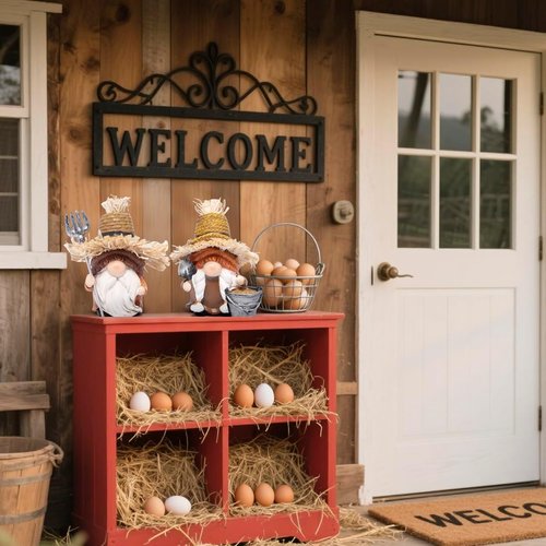 Hodao Farmer Gnomes Figurines - Rustic Hand-Painted Resin with Straw Hats & Farm Tools | Perfect Garden Decor