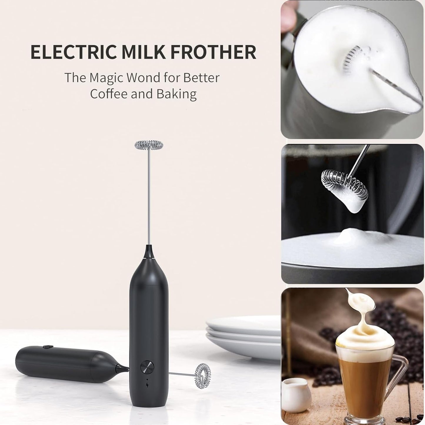 Skiennix Rechargeable Milk Frother Wand - Handheld Electric Whisk for Coffee, Lattes & Cappuccinos | USB-C Foam Maker