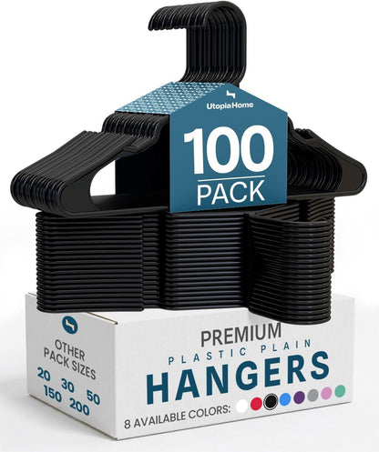 Utopia Home Plastic Hangers 100 Pack - Durable Space-Saving Clothes Hangers - Black Closet Organizers