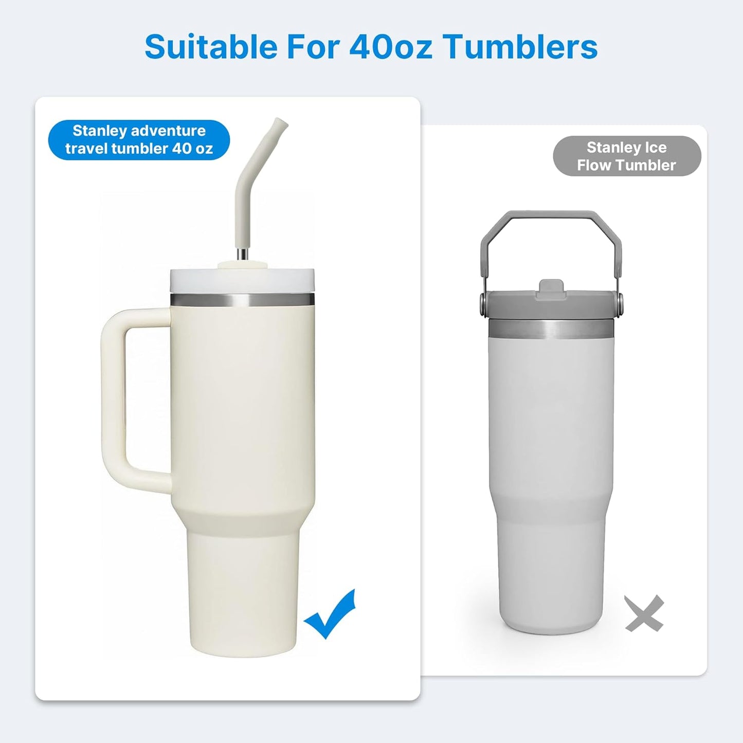 Skiennix Metal Straw Set - Silicone Tip & Stainless Steel for 40oz Stanley Cup | 2 Straws + Brush (Cream Grey)