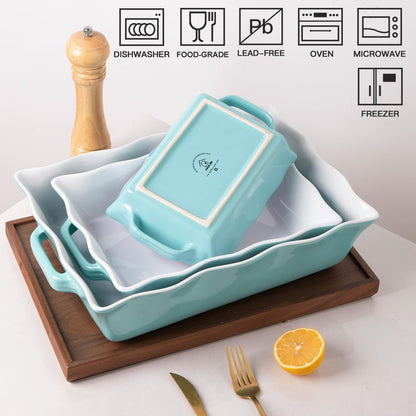 Sweejar Casserole Dishes - Ceramic Bakeware Set of 3 | Rectangular Baking Dish with Handles, Turquoise