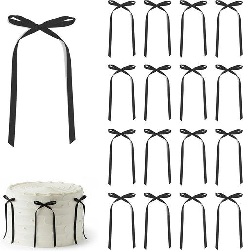 30 Pack Satin Bow Cake Decorations - Pre-Tied Ribbon Bows (3.5 x 6.5 Inch) | Elegant Black Cake Decor