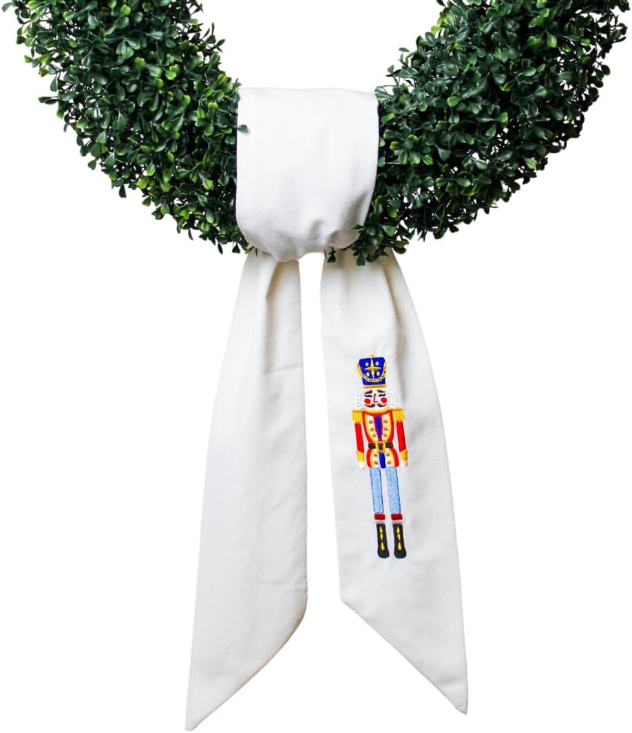 Nutcracker Linen Wreath Sash - Blank Embroidered Christmas Decor | 56" L x 4.5" W for Indoor/Outdoor Use