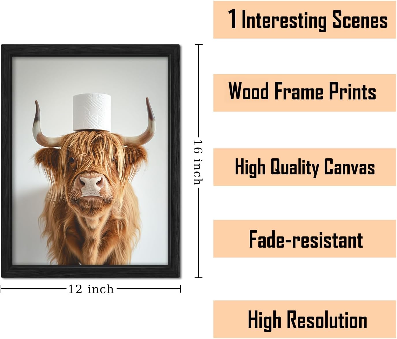 ZXDZSM Highland Cow Wall Art - Funny Rustic Bathroom Decor Canvas Print | 12x16 Inch Framed