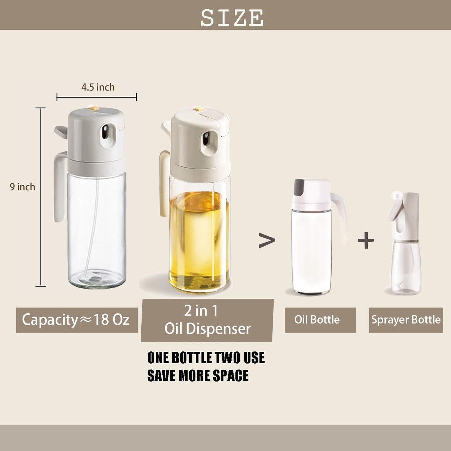 Skiennix Glass 2-in-1 Olive Oil Sprayer & Dispenser - 18oz Food-Grade Bottle for Cooking & BBQ