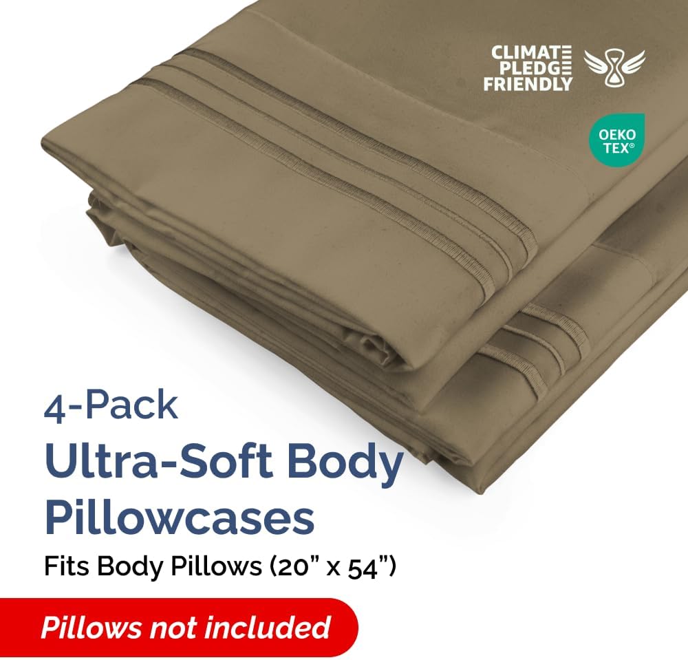 Skiennix Body Pillowcases Set of 4 | Soft 20x54 Long Pillow Covers for Side Sleepers - Cozy & Breathable Khaki