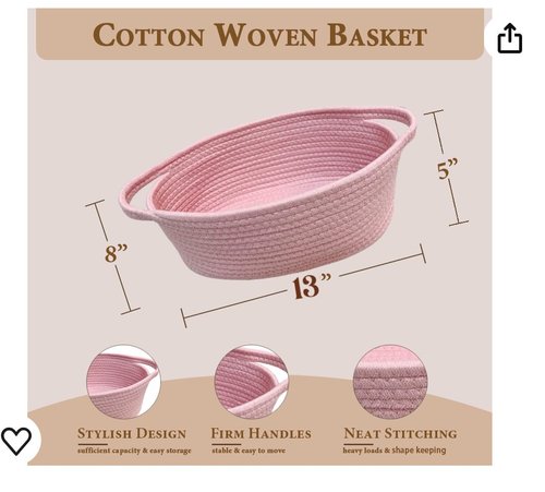 GiftExpress Pink Woven Easter Basket - 13" x 8" x 5" Cotton Rope Organizing Baskets for Baby Items or Cat & Dog Toys - Cute Soft Gift Storage Bin w/ Handles