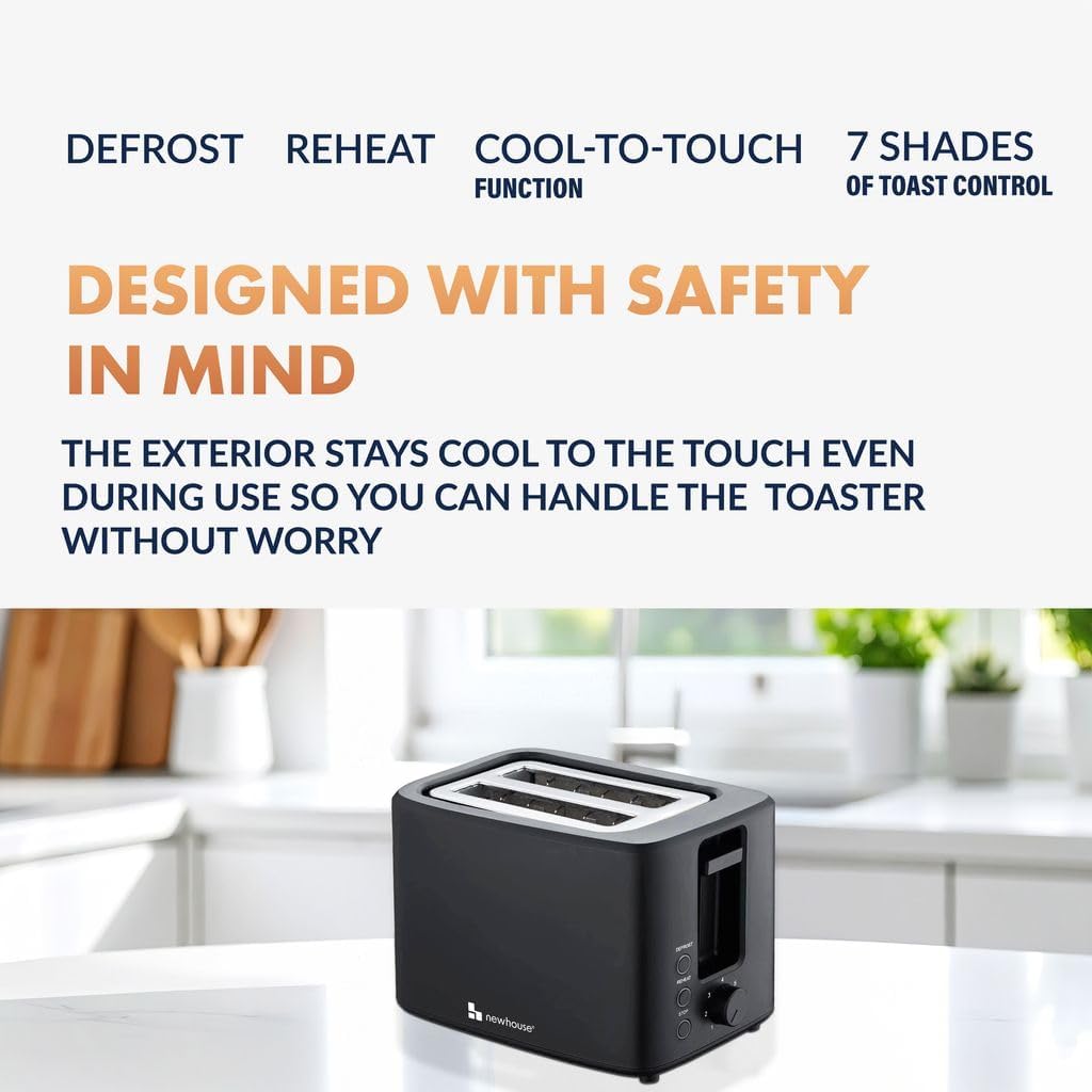 Newhouse 700W Black 2-Slice Toaster - Auto Pop-Up & Shut-Off | Cool-To-Touch Kitchen Essential